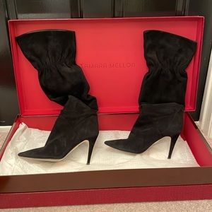 Tamara Mellon black suede knee high boots with elastic gathered top.